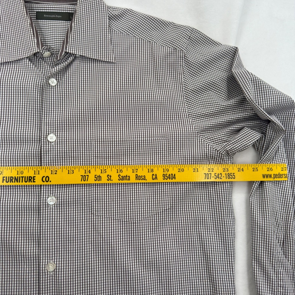 Ermenegildo Zegna Mens Button Down Shirt LRG Brown White Micro Check Office - Picture 5 of 9